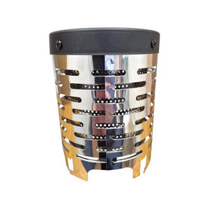 Dargan Gas Stove Heating Adaptor PV14 with black top rim, perforated metal bands in black and silver, and natural wood veneer panels on cylindrical body