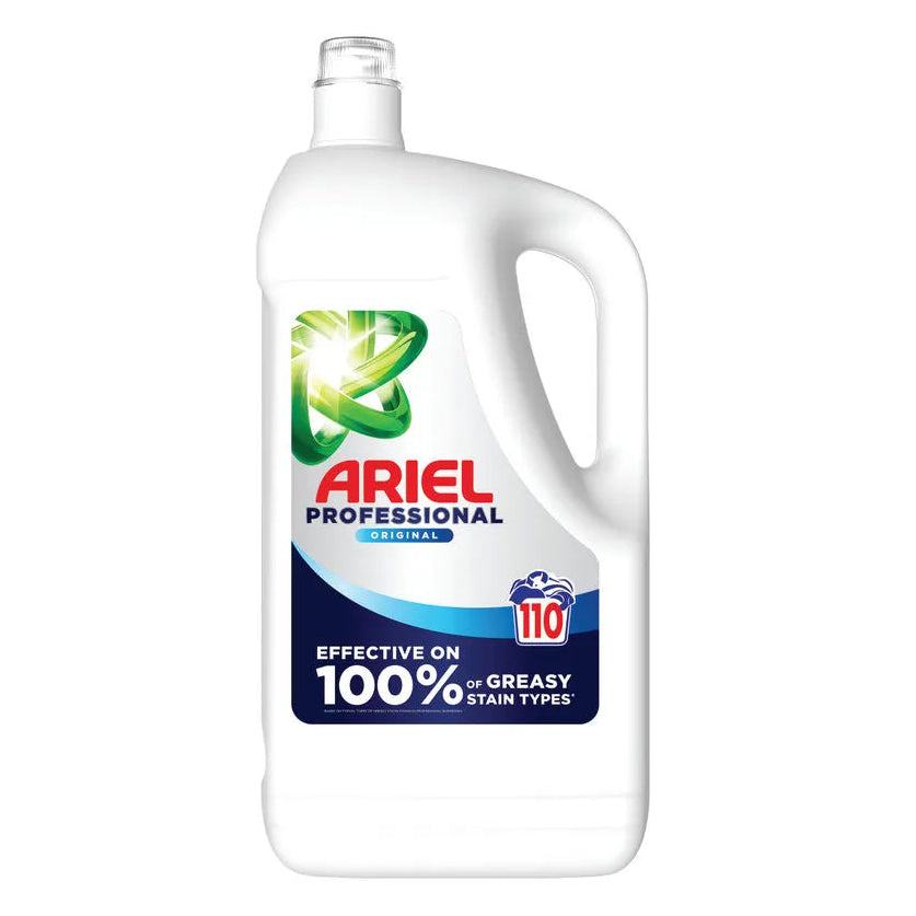 Ariel Professional Original liquid laundry detergent 4.95 litre white bottle with green and blue label showing 110 wash loads and effectiveness on 100% greasy stain types