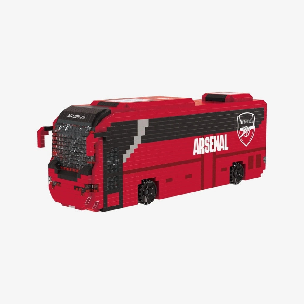Red toy bus with Arsenal branding on a white background