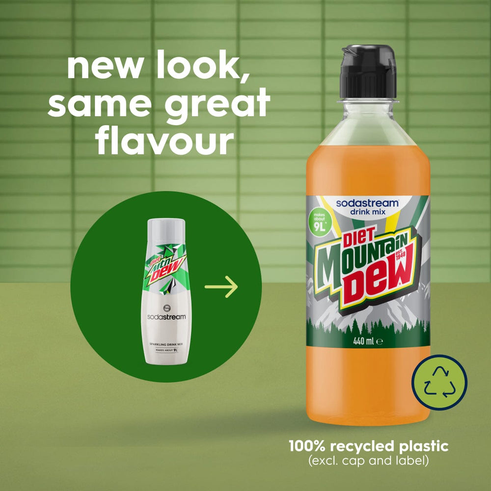 SodaStream Diet Mountain Dew drink mix bottle 440ml with new packaging design made from 100% recycled plastic, shown against green background with comparison to previous white bottle design