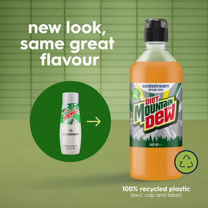 SodaStream Diet Mountain Dew drink mix bottle 440ml with new packaging design made from 100% recycled plastic, shown against green background with comparison to previous white bottle design