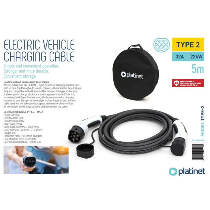 Electric vehicle charging cable with packaging and Platinet branding on a white background