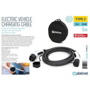 Electric vehicle charging cable with packaging and Platinet branding on a white background