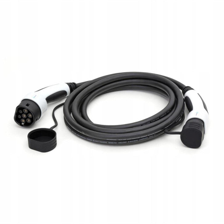 Electric vehicle charging cable with connectors on a white background