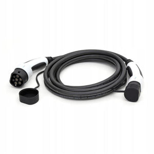 Electric vehicle charging cable with connectors on a white background