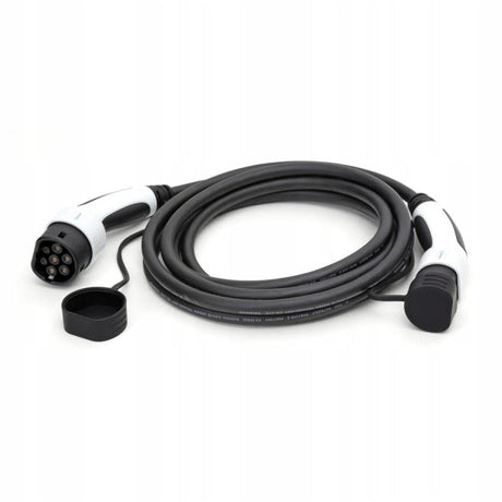 Electric vehicle charging cable with connectors on a white background