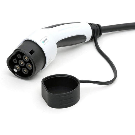 Electric vehicle charging cable with connector on a white background