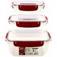 Three-piece rectangular food storage container set by Dunya with clear plastic bodies, red silicone seals and red clip handles, stacked to show graduated sizes from 500ml to 2300ml capacity, featuring airtight locking lids and BPA-free design