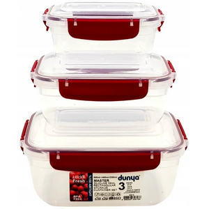 Three-piece rectangular food storage container set by Dunya with clear plastic bodies, red silicone seals and red clip handles, stacked to show graduated sizes from 500ml to 2300ml capacity, featuring airtight locking lids and BPA-free design