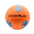 Orange soccer ball with blue accents and 'precisionPLAY' branding on a white background