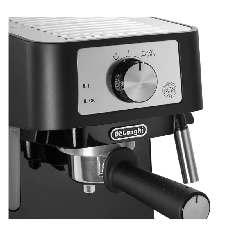 DeLonghi Stilosa black espresso coffee machine with stainless steel portafilter, control dial, and drip tray shown against white background