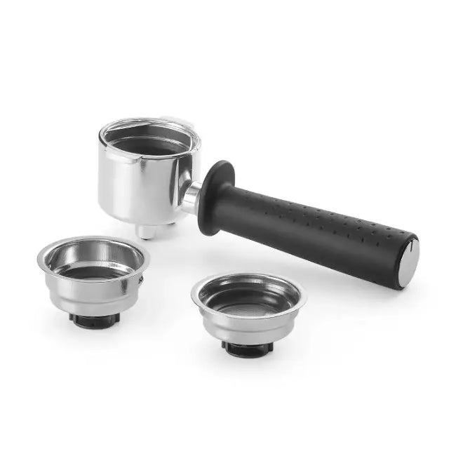 DeLonghi Stilosa espresso machine portafilter and baskets set showing chrome metal group head with black rubber handle and stainless steel filter baskets