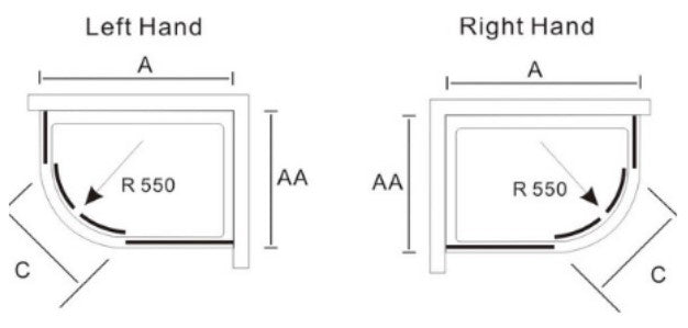Technical diagram showing left and right hand Merlyn Truestone quadrant shower tray specifications with dimensions A, AA, C and R550 radius corner measurements in white and gray