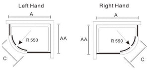 Technical diagram showing left and right hand Merlyn Truestone quadrant shower tray specifications with dimensions A, AA, C and R550 radius corner measurements in white and gray