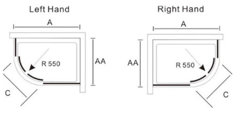 Technical diagram showing left and right hand Merlyn Truestone quadrant shower tray specifications with dimensions A, AA, C and R550 radius corner measurements in white and gray
