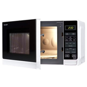 Sharp microwave oven with open door on a white background
