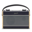 Roberts Rambler Max Smart DAB+ FM radio in navy blue with cream leather accents, featuring horizontal chrome grille, dual control knobs, and black leather carry handle in retro vintage style