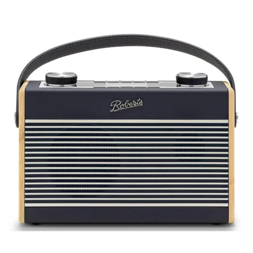 Roberts Rambler Max Smart DAB+ FM radio in navy blue with cream leather accents, featuring horizontal chrome grille, dual control knobs, and black leather carry handle in retro vintage style