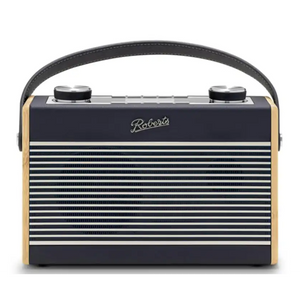 Roberts Rambler Max Smart DAB+ FM radio in navy blue with cream leather accents, featuring horizontal chrome grille, dual control knobs, and black leather carry handle in retro vintage style