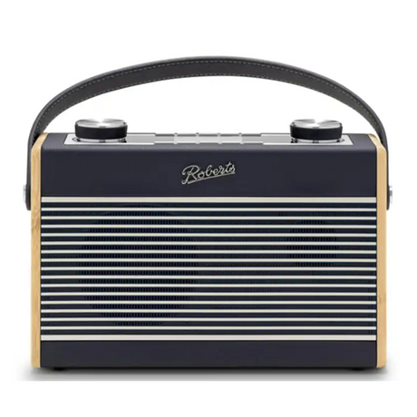 Roberts Rambler Max Smart DAB+ FM radio in navy blue with cream leather accents, featuring horizontal chrome grille, dual control knobs, and black leather carry handle in retro vintage style