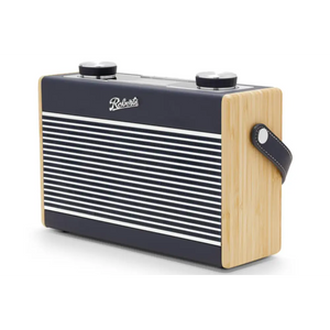 Roberts Rambler Max portable DAB+ FM radio with navy blue and cream striped grille, light wood sides, black top panel, dual control knobs, and black leather carry handle