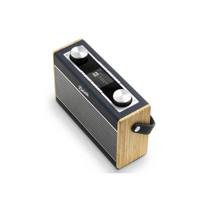 Roberts Rambler Max Smart DAB+ FM Radio in navy blue with natural wood veneer sides, featuring dual chrome control knobs on top panel and black leather carry handle