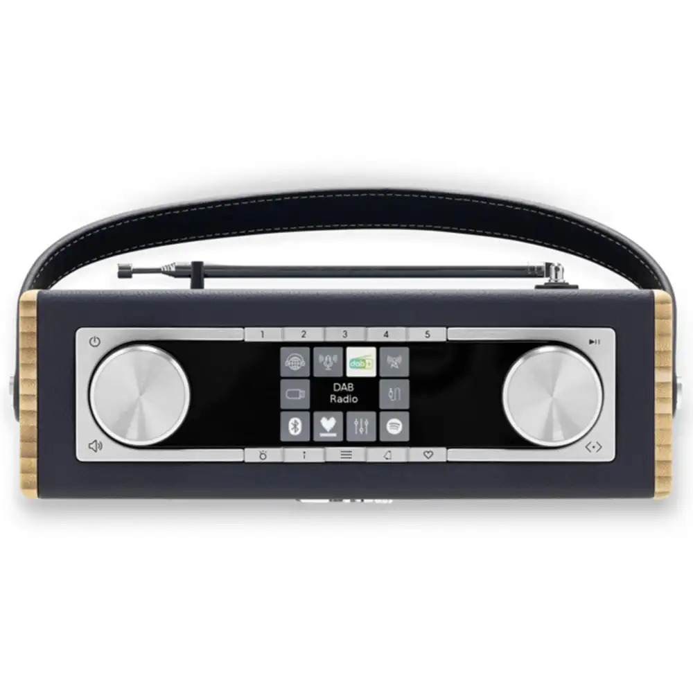 Roberts Rambler Max Smart DAB+ FM Radio in navy blue with wooden side panels, featuring dual volume knobs, digital display showing DAB Radio, control buttons, and a black carrying strap