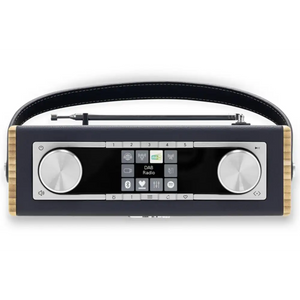 Roberts Rambler Max Smart DAB+ FM Radio in navy blue with wooden side panels, featuring dual volume knobs, digital display showing DAB Radio, control buttons, and a black carrying strap