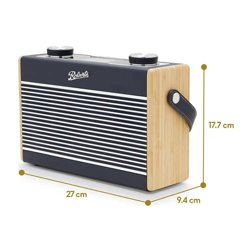 Roberts Rambler Max Smart DAB+ FM radio with navy blue and white striped front panel, natural wood sides, dual control knobs, carrying handle, and dimensions of 27cm x 9.4cm x 17.7cm