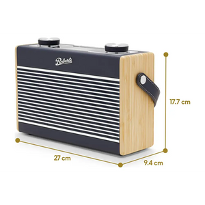 Roberts Rambler Max Smart DAB+ FM radio with navy blue and white striped front panel, natural wood sides, dual control knobs, carrying handle, and dimensions of 27cm x 9.4cm x 17.7cm