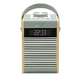 Roberts Rambler Midi DAB+ FM radio with Bluetooth in duck egg green and natural wood, featuring digital display showing time, perforated metal grille, carrying handle and control buttons