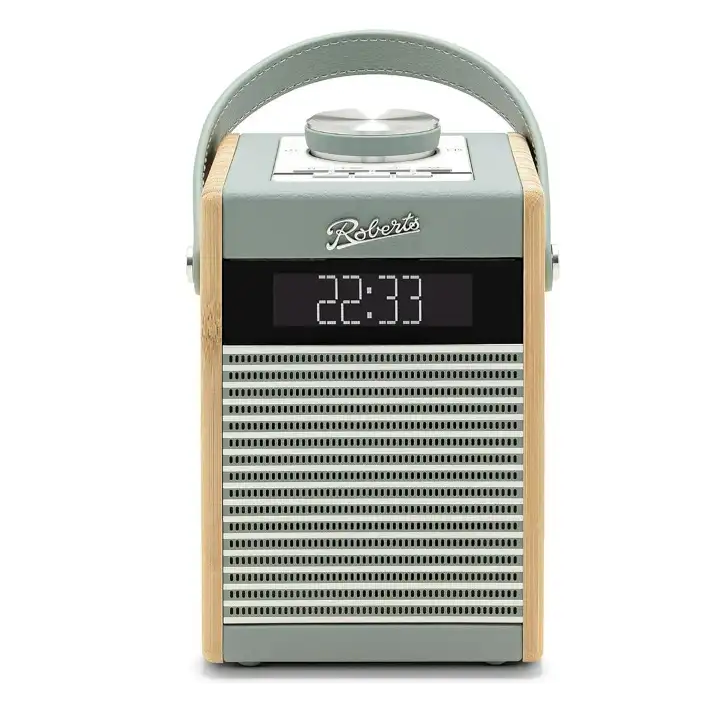 Roberts Rambler Midi DAB+ FM radio with Bluetooth in duck egg green and natural wood, featuring digital display showing time, perforated metal grille, carrying handle and control buttons