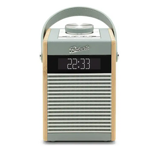 Roberts Rambler Midi DAB+ FM radio with Bluetooth in duck egg green and natural wood, featuring digital display showing time, perforated metal grille, carrying handle and control buttons