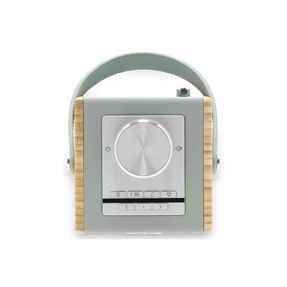 Roberts Rambler Midi portable DAB+ FM radio with Bluetooth in duck egg green with tan cork side panels, featuring a central rotary volume dial, digital display screen with control buttons, and carrying handle