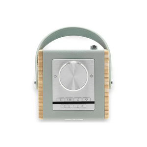 Roberts Rambler Midi portable DAB+ FM radio with Bluetooth in duck egg green with tan cork side panels, featuring a central rotary volume dial, digital display screen with control buttons, and carrying handle