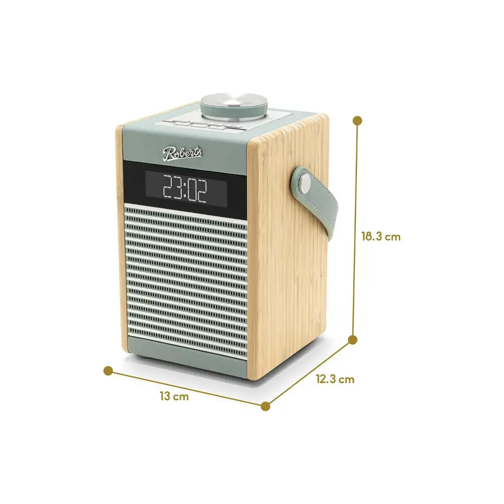 Roberts Rambler Midi DAB+ FM radio with Bluetooth in duck egg and natural wood finish, displaying digital clock showing 23:02, with leather carry strap and dimensions 13cm x 12.3cm x 18.3cm