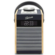 Roberts Rambler Midi DAB+ FM radio with Bluetooth in navy blue and natural wood finish, featuring digital display showing 22:33, horizontal stripe speaker grille, and black leather carrying handle