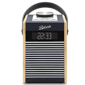 Roberts Rambler Midi DAB+ FM radio with Bluetooth in navy blue and natural wood finish, featuring digital display showing 22:33, horizontal stripe speaker grille, and black leather carrying handle