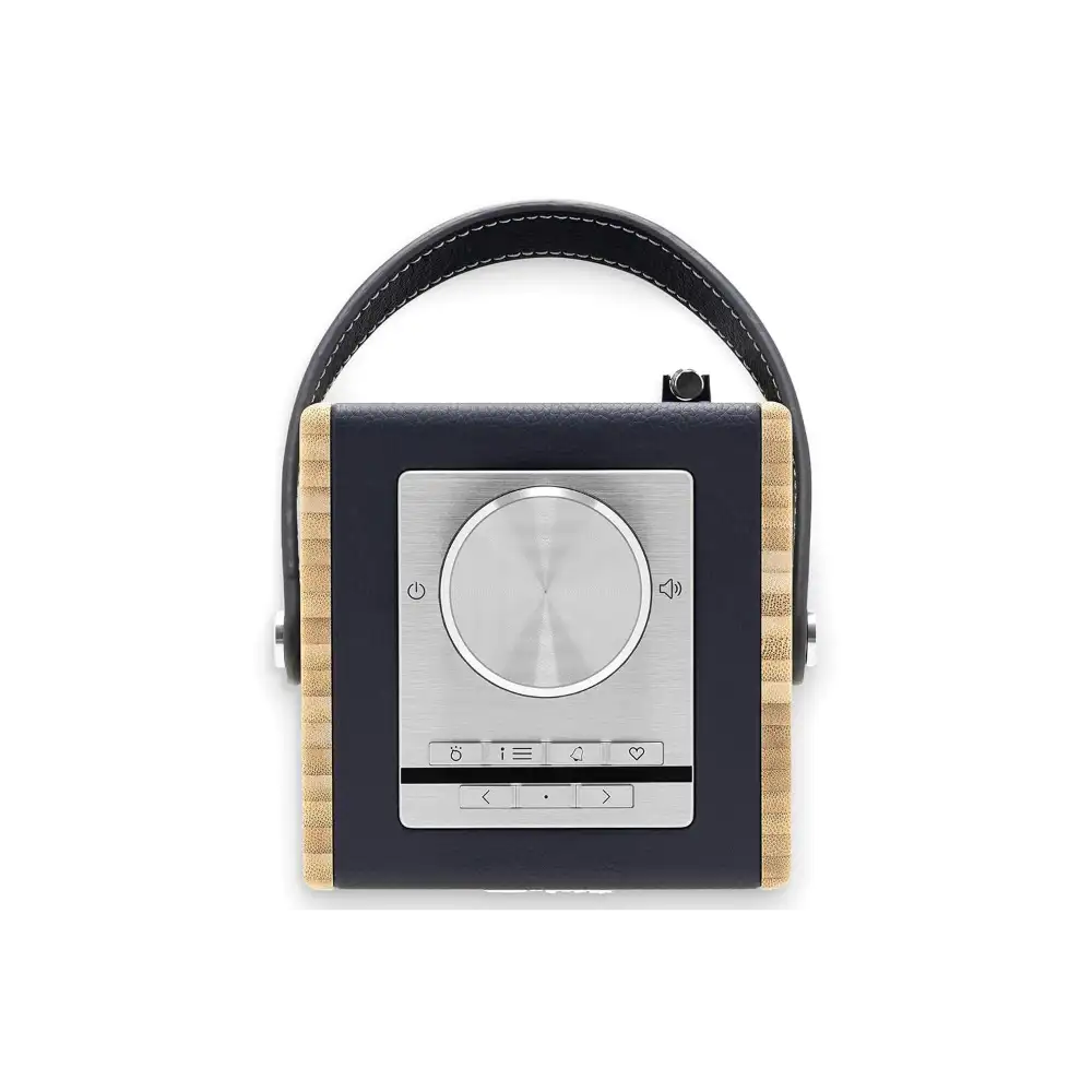 Roberts Rambler Midi DAB+ FM radio with Bluetooth in navy blue and natural wood grain finish, featuring a large chrome volume knob, digital display screen with touch controls, black leather carrying handle, and brushed metal front panel