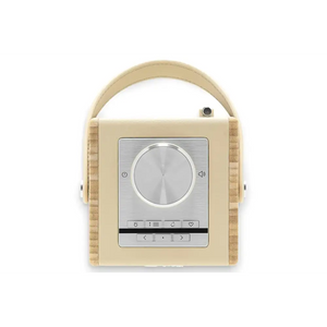 Roberts Rambler Midi DAB+ FM radio with Bluetooth in pastel cream featuring a large volume dial, fabric-wrapped sides, metallic control panel with buttons and navigation arrows, and carrying handle on white background