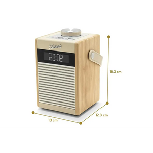 Roberts Rambler Midi DAB+ FM radio with Bluetooth in pastel cream with wood effect casing, digital display showing 23:02, dimensions 13cm x 12.3cm x 18.3cm, featuring leather carrying strap and antenna