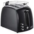 Russell Hobbs Textures Plus 2 slice toaster in black with chrome handles and control buttons, featuring a removable crumb tray and wire rack attachment on top
