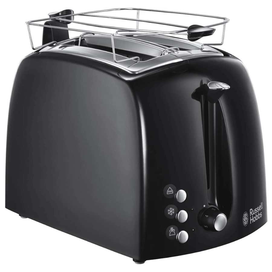 Russell Hobbs Textures Plus 2 slice toaster in black with chrome handles and control buttons, featuring a removable crumb tray and wire rack attachment on top