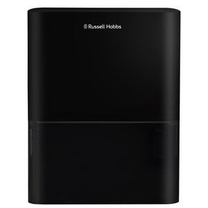 Russell Hobbs black dehumidifier 10 litre capacity model RHDH1001B/10L front view showing cylindrical body with brand logo and horizontal dividing line