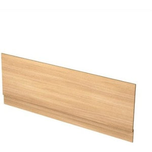 MDF bath side panel with plinth in Savannah Oak finish, 1700mm length, shown at isometric angle displaying wood grain texture and natural light wood color