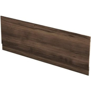 Dark walnut wood-effect MDF bath side panel with integrated plinth, 1700mm length, shown in Calabrian Walnut finish against white background