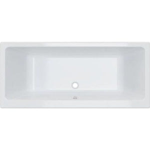 White rectangular double ended freestanding bath with curved edges and chrome overflow detail, viewed from above