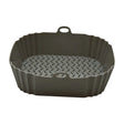 Olive green silicone air fryer liner with textured diamond pattern base, scalloped edges, and hanging loop handle for square air fryer baskets