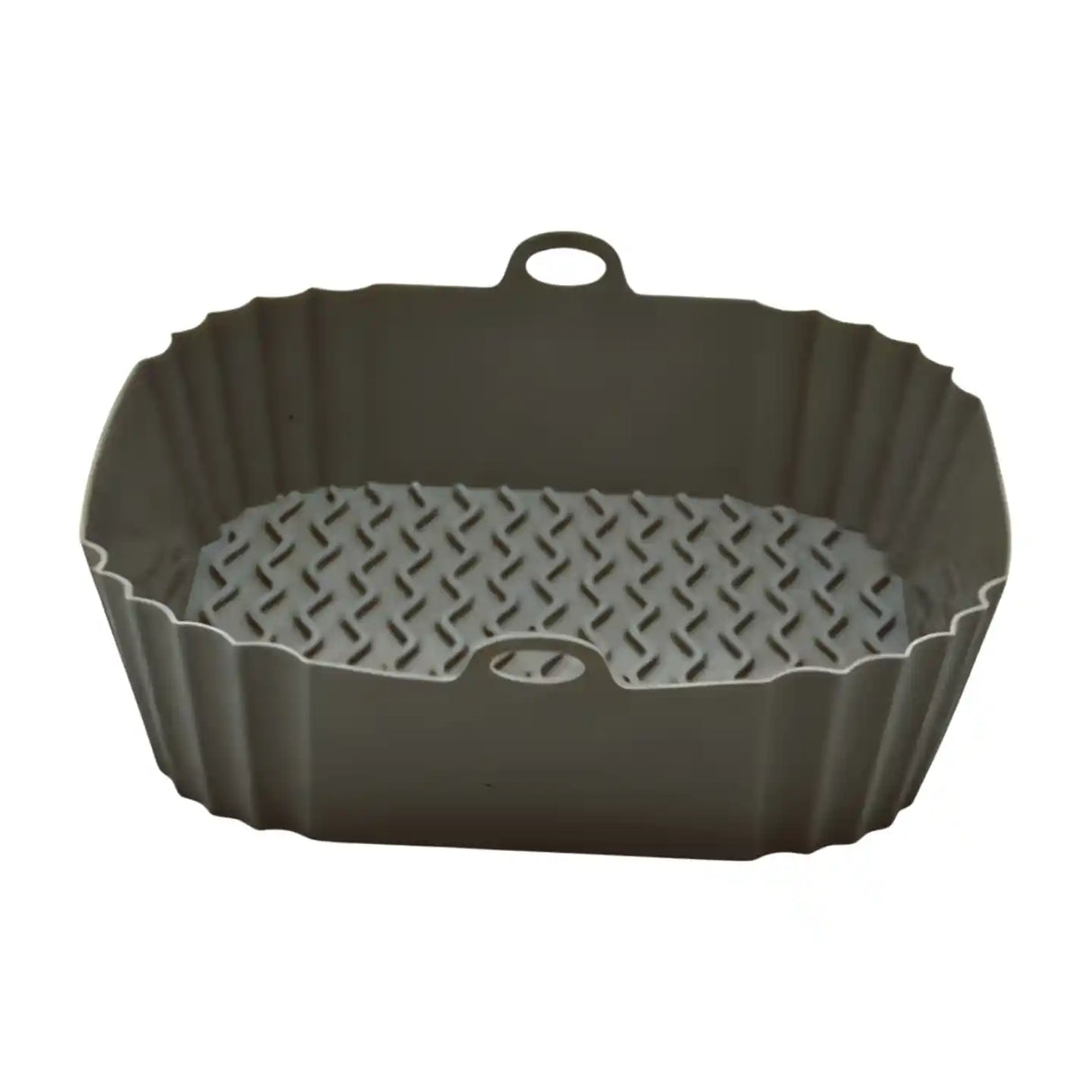 Olive green silicone air fryer liner with textured diamond pattern base, scalloped edges, and hanging loop handle for square air fryer baskets
