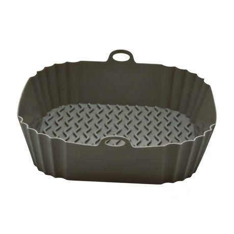 Olive green silicone air fryer liner with textured diamond pattern base, scalloped edges, and hanging loop handle for square air fryer baskets